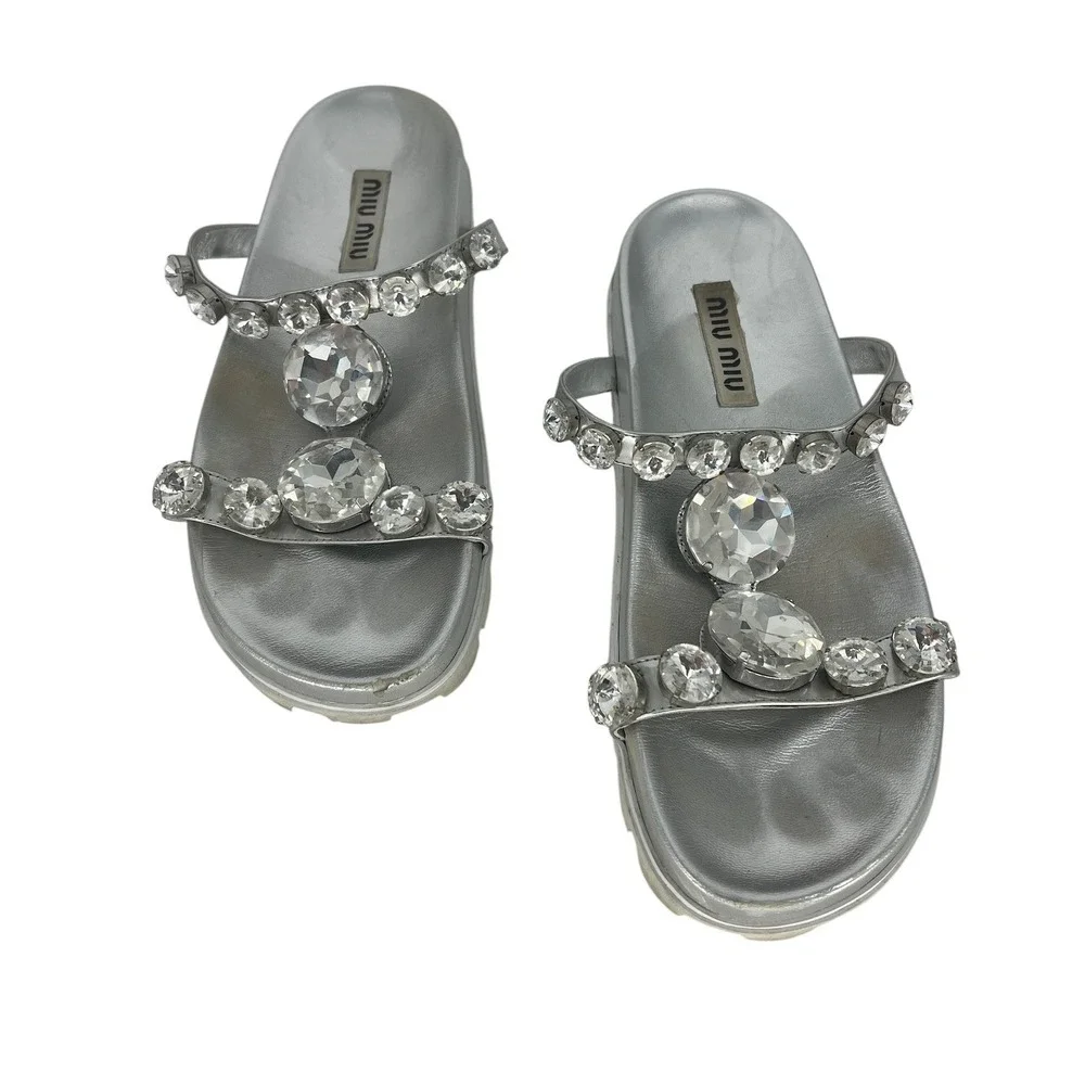 Miu Miu Argento Crystal Embellished Platform Slide Sandals Silver Size 39.5